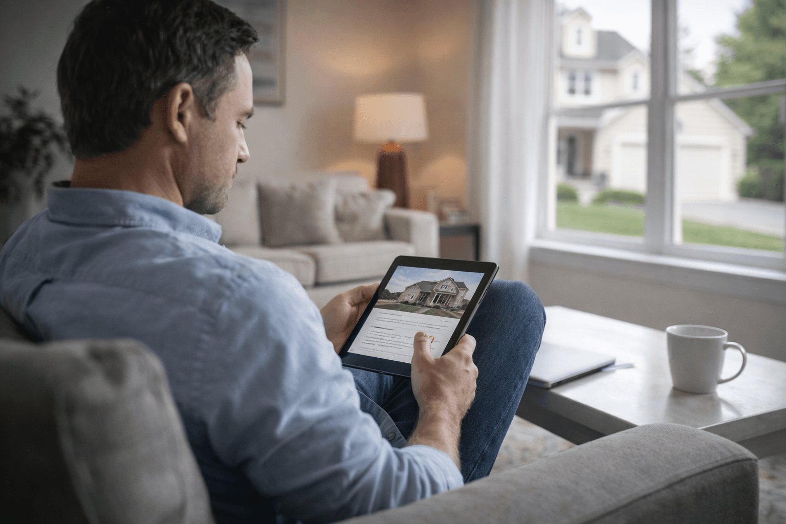 Photorealistic home buyer reviewing property details before a house tour