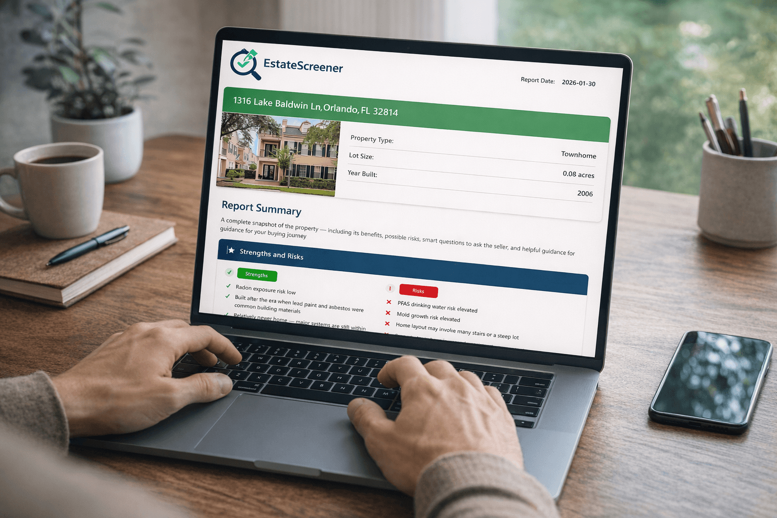 Sample EstateScreener report displayed on a laptop